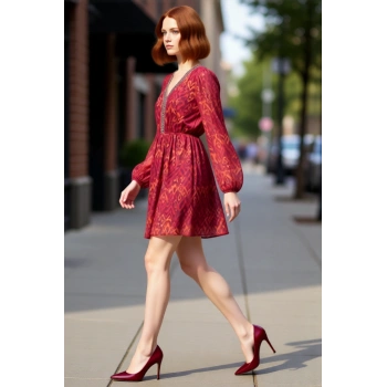 Kadın Dokuma Skater Mini Elbise V Yaka Uzun Standart Kollu Astarlı Feminine Zarif Tasarım Kaliteli