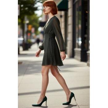 Kadın Düğmeli Haki V Yaka Balon Kollu Astarlı Skater Mini Elbise Günlük ve Özel Kombinler İçin İdeal