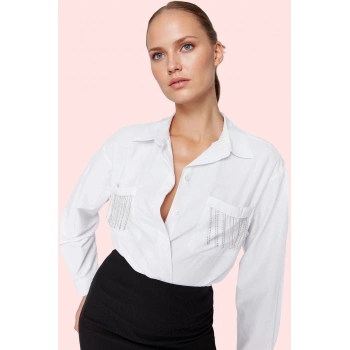 Kadın Düğmeli Uzun Kollu Poplin Gömlek; Oversize Kalıp; Şık Gece Kombinleri Günlük Kullanım