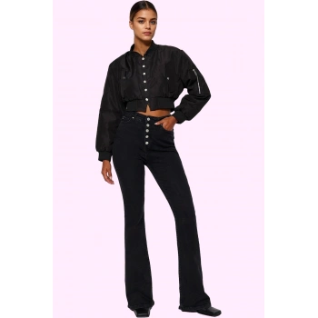 Kadın Düğmeli Yüksek Bel Uzun Flare Jean Pamuk Günlük ve İş Hayatı Yaz Aylarının Vazgeçilmezi