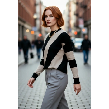 Kadın Düşük Kol Bisiklet Yaka Triko Kazak Renk Bloklu Tasarımıyla Kış Kombinleri İçin Kaliteli