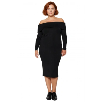 Kadın Düşük Kol Bodycon Siluet Carmen Yaka Triko Midi Elbise Zarif Ve Modern Kış Stili İçin İdeal