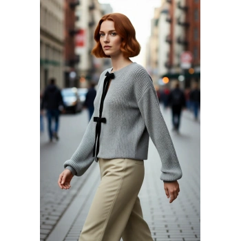 Kadın Düşük Kol Crop Boy Selanik Örgü Çift Taraflı Kurdele Detaylı Regular Kalıp Akrilik Triko Kazak