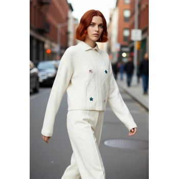 Kadın Düşük Kol Polo Yaka Saç Örgü Dokulu Crop Triko Kazak Bej Rengi Akrilik Günlük Şıklık