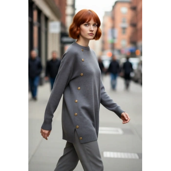 Kadın Düşük Kol Uzun Boy Akrilik Triko Kazak Regular Kalıp Düz Tasarım Modern Yan Düğmeler