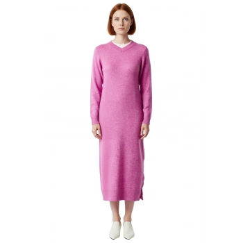 Kadın Düşük Kol V Yaka Shift Siluet Maxi Boy Triko Elbise Kuşaklı Soğuk Hava Şıklığı Kaliteli