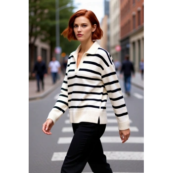 Kadın Düşük Kollu Oversize Triko Kazak Çizgili Deseniyle Gündelik Şıklığı Yakalayın Polo Yaka