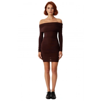 Kadın Düşük Omuz Carmen Yaka Bodycon Kesim Uzun Kol Düz Midi Elbise Sandy Örme Şık Stil Kaliteli