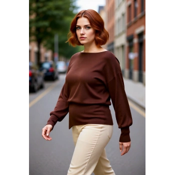 Kadın Düz Asimetrik Kesim Kayık Yaka Rahat Triko Kazak Kış Sonbahar Günlük Kombinlerinize Uyumlu