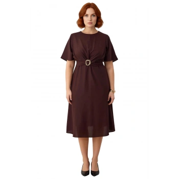 Kadın Düz Bisiklet Yaka Kısa Kollu Dokuma Midi Elbise Şık Kemer Detaylı Büyük Beden Yazlık