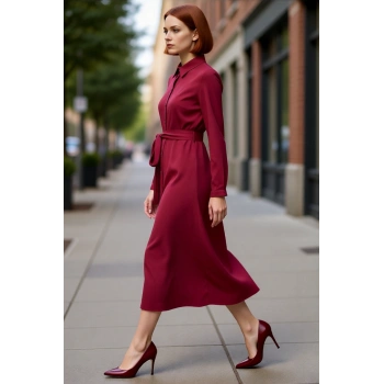Kadın Düz Bordo Gömlek Yaka Kuşaklı Midi Dokuma Elbise Modern Şıklık Sunar İlkbahar Sonbahar