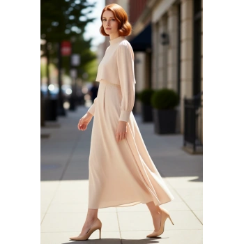 Kadın Düz Desen A Line Maxi Dokuma Elbise Dik Yaka Uzun Kollu İlkbahar Sonbahar Zarafeti Sunar