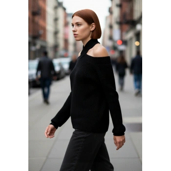 Kadın Düz Desen Akrilik Triko Crop Kesim Omuz Dekolteli Uzun Kollu Soğuk Hava Kazak Kaliteli