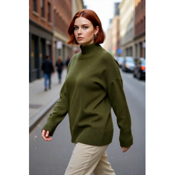 Kadın Düz Desen Akrilik Triko Kazak Relaxed Kalıp Dik Yaka Düşük Kol Kış İçin Konforlu Stil