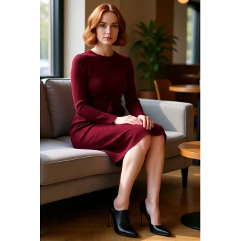 Kadın Düz Desen Akrilik Triko Midi Elbise Kuşaklı Uzun Kollu Rahat Bodycon Kesim İlkbahar Sonbahar