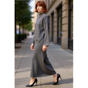 Kadın Düz Desen Dik Yaka Uzun Düşük Kol Maxi Boy Shift Kalıp Akrilik Triko Elbise Günlük Şıklık