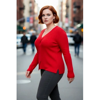 Kadın Düz Desen Fitilli V Yaka Uzun Kollu Triko Kazak Sonbahar Kış Şıklığı İçin İdeal Kaliteli