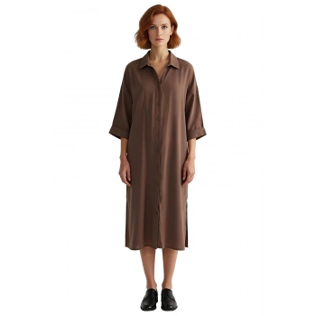 Kadın Düz Desen Gömlek Yaka Truvakar Kol Düğmeli Modal Kumaş Midi Boy Elbise İlkbahar