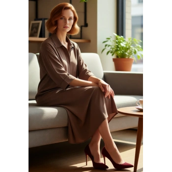 Kadın Düz Desen Gömlek Yaka Truvakar Kol Düğmeli Modal Kumaş Midi Boy Elbise İlkbahar