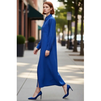 Kadın Düz Desen Gömlek Yaka Uzun Kol Maxi Boy Dokuma Elbise Günlük Şık Kombinler İçin İdeal