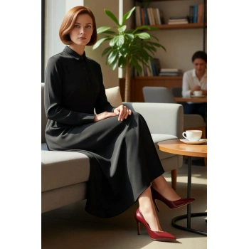 Kadın Düz Desen Gömlek Yaka Uzun Kollu Maxi Boy Örme Dalgıç Skater Kesim Elbise Rahatlık Kaliteli