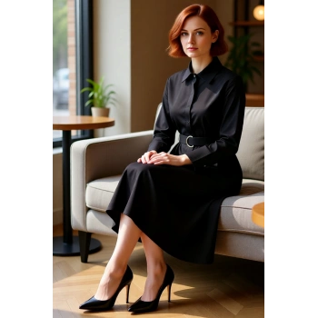 Kadın Düz Desen Gömlek Yaka Yarasa Kol Midi Boy Kuşaklı Dokuma Kışlık Elbise Şık ve Konforlu