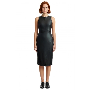 Kadın Düz Desen Kolsuz Bodycon Suni Deri Anvelop Elbise Midi Boy Zarif Görünüm İçin Mükemmel Seçim