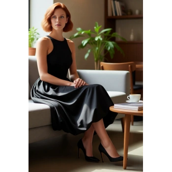 Kadın Düz Desen Kolsuz Yüksek Yaka Midi Boy Balon Etek Abiye Parti Elbisesi Polyester Karışımlı