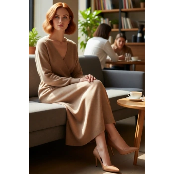 Kadın Düz Desen Kruvaze Kesim Triko Midi Elbise Uzun Düşük Kol Detaylı Kış Giyim Şıklığı Kaliteli