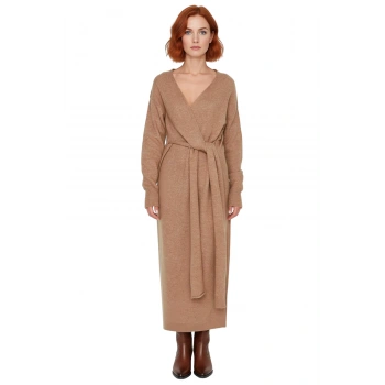 Kadın Düz Desen Kruvaze Kesim Triko Midi Elbise Uzun Düşük Kol Detaylı Kış Giyim Şıklığı Kaliteli