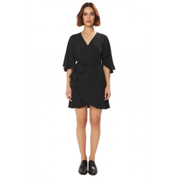 Kadın Düz Desen Kruvaze V Yaka Kuşaklı Mini Elbise Yarasa Kol Rahat İlkbahar Sonbahar Yaz Kaliteli