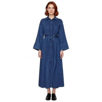 Kadın Düz Desen Kuşaklı Maxi Denim Gömlek Elbise Uzun Melek Kol Yaka %100 Pamuk Günlük