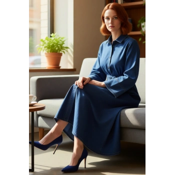 Kadın Düz Desen Kuşaklı Maxi Denim Gömlek Elbise Uzun Melek Kol Yaka %100 Pamuk Günlük