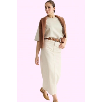 Kadın Düz Desen Midi Boy Cep Detaylı Pamuk Gabardin Etek Günlük Kullanım Dayanıklı Malzeme