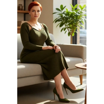 Kadın Düz Desen Midi Boy Fitilli Triko Elbise Bolero Takımı Düşük Uzun Kollu Bodycon Kaliteli