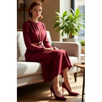 Kadın Düz Desen Midi Boy Uzun Kollu Bisiklet Yaka A line Dokuma Cut Outlı Kışlık Elbise Kaliteli