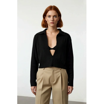 Kadın Düz Desen Polo Yaka Crop İnce Triko Kazak Uzun Kollu Regular Kalıp Şıklığı İle Kaliteli