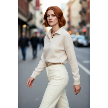 Kadın Düz Desen Polo Yaka Uzun Kol Oversize Triko Kazak Günlük Kullanım İçin İdeal Basic Model