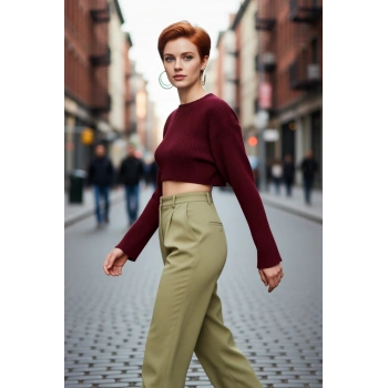 Kadın Düz Desen Regular Kalıp Triko Super Crop Bisiklet Yaka Uzun Kol Kazak Casual Tarz Kaliteli