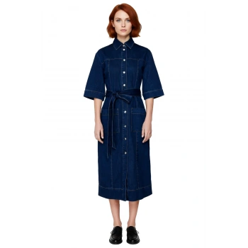 Kadın Düz Desen Shift Kalıp Gömlek Yaka Kısa Kollu Mavi %100 Pamuk Denim Maxi Elbise Casual Şıklık