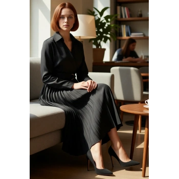 Kadın Düz Desen Standart Kol Kuşak Detaylı Piliseli Etek Ceket Yaka Polyester Midi Boy Elbise