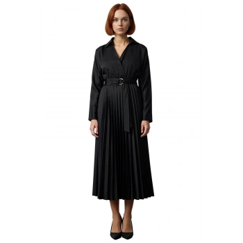 Kadın Düz Desen Standart Kol Kuşak Detaylı Piliseli Etek Ceket Yaka Polyester Midi Boy Elbise