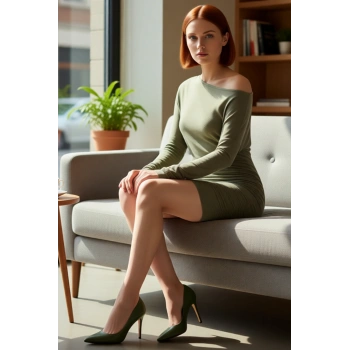 Kadın Düz Desen Viskon Ribana Kumaş Bodycon Kesim Uzun Kol Kayık Yaka Mini Elbise Konforlu Ve Trend