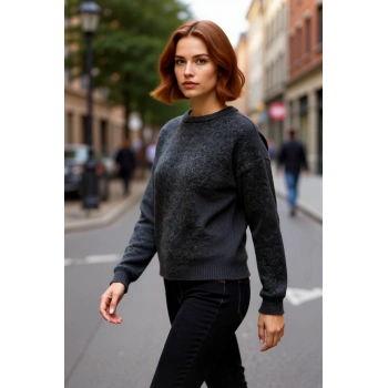 Kadın Düz Desen Yumuşak Dokulu Oversize Triko Kazak Bisiklet Yaka Düşük Kol Rahat Kışlık Şıklık