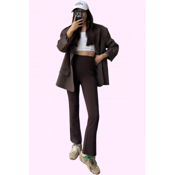 Kadın Düz Desenli Dokuma İspanyol Paça Pantolon Yüksek Bel Regular Boy Yaz Aylarının Vazgeçilmezi