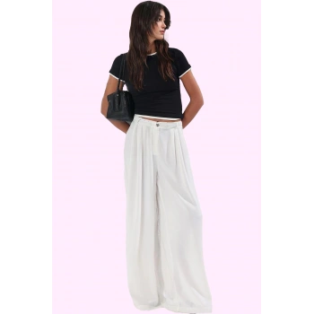 Kadın Düz Desenli Krep Dokuma Palazzo Pantolon Yüksek Bel Wide Leg Günlük Kaliteli Malzeme