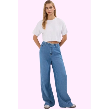 Kadın Düz Desenli Liyosel Denim Pantolon Yüksek Bel Geniş Paça Yaz Günlük Kullanım Hafta Sonu