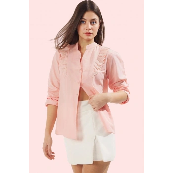 Kadın Düz Desenli Uzun Kollu Gömlek Dantel Detaylı Rahat Günlük Kullanım Dayanıklı Malzeme