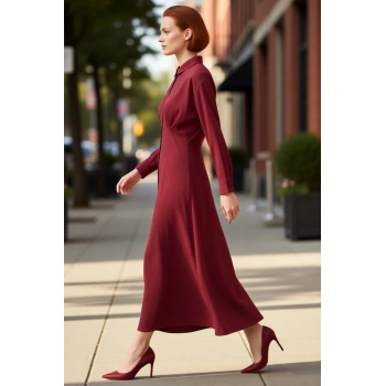 Kadın Düz Dokuma Gömlek Yaka Uzun Reglan Kol Maxi Elbise Rahatlığı Ve Şıklığı Birleştirir