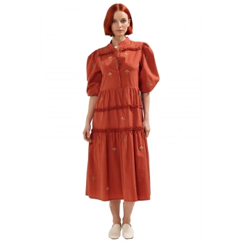 Kadın Düz Kesim Hakim Yaka Balon Kol Nakışlı Midi Elbise Rahat Shift Siluet Dokuma Kumaş Kaliteli